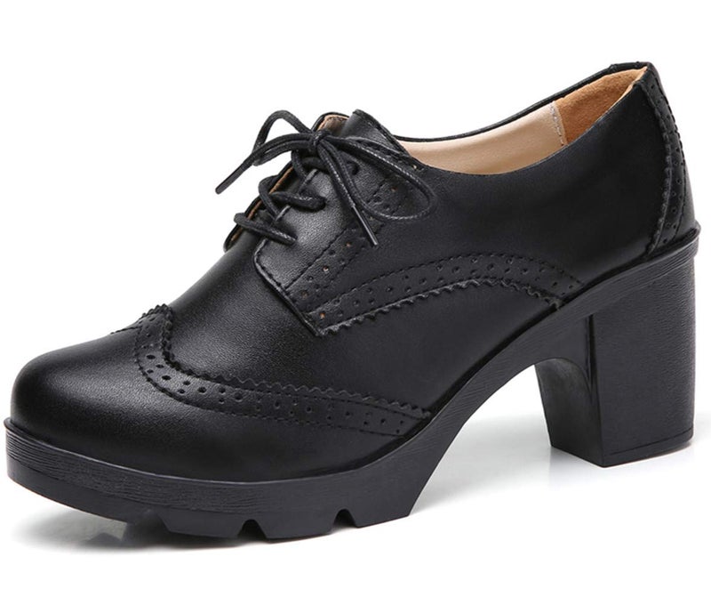 DADAWEN Women's Leather Classic Lace Up Platform Chunky Mid-Heel Square Toe Oxfords Dress Pump Shoes Black US Size 10 - Image 1